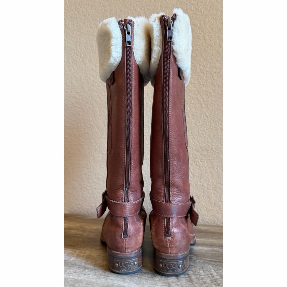 UGG Langley Cognac Leather Sheepskin Tall Boots Waterproof Winter Boots - Picture 8 of 16